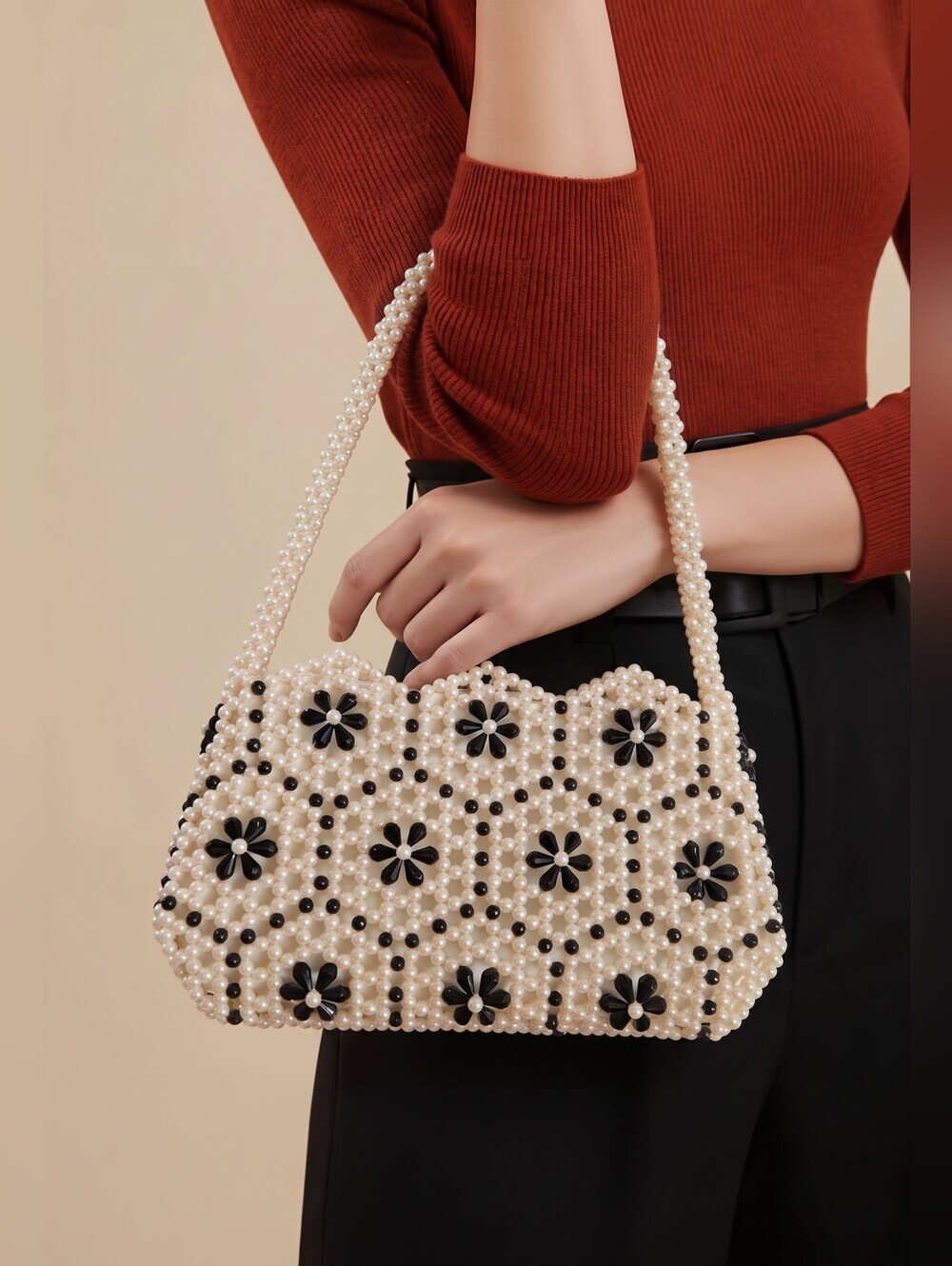 Cream and Black Faux Pearl Hand Bag with Geometric Pattern